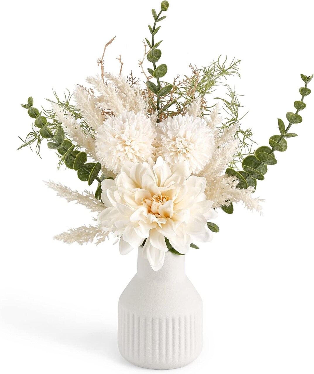 Small Artificial Flowers in Ceramic Vase 13.5" Centerpieces Coffee Table Decor, Silk Flower Arrangements for Home Decor Indoor Fake Flower Bouquet for Dining Room Kitchen Wedding, White